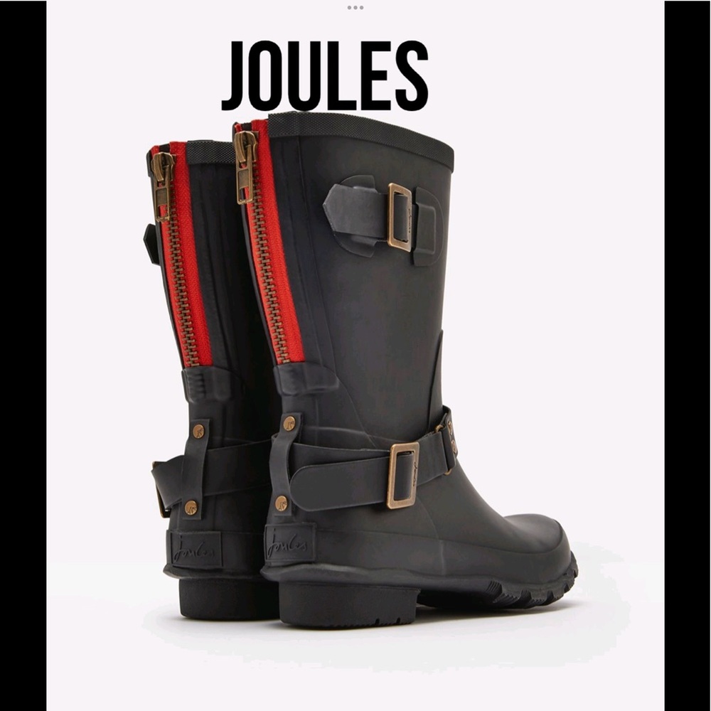 Joules Black Rain Boots with Red Zipper & buckles